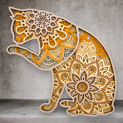 Cat Mandala Wall Hanging, Laser Cut Wooden Mandala Wall Art, Cat Multi Layered Mandala Art, Wooden Cat Artwork, Cat Wall Decor