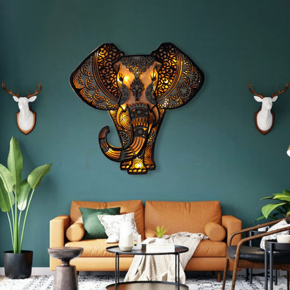 Elephant Mandala Led Wall Decor, Wooden Elephant Art with LED Lights, Housewarming Gift, Wooden Elephant Night Light