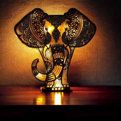 Elephant Mandala Led Wall Decor, Wooden Elephant Art with LED Lights, Housewarming Gift, Wooden Elephant Night Light