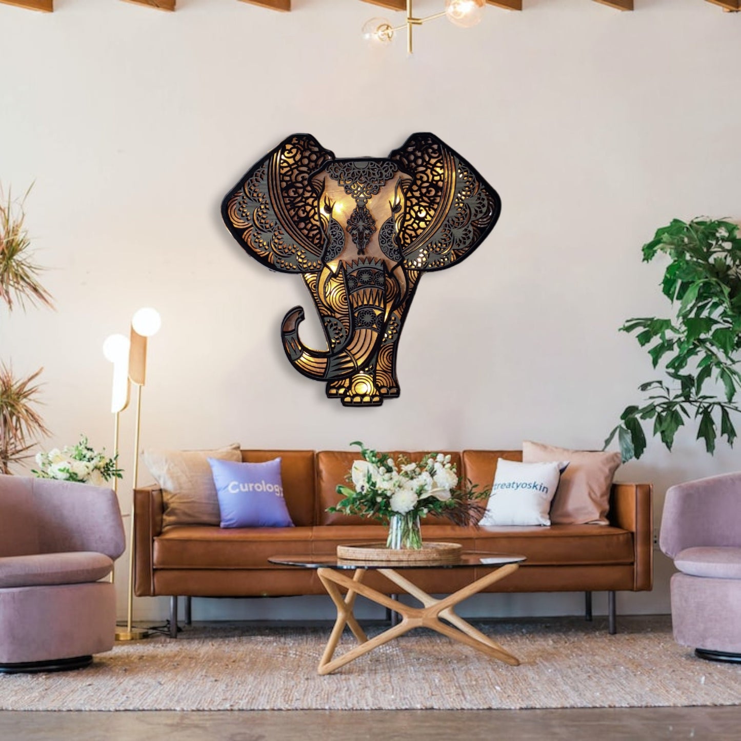 Elephant Mandala Led Wall Decor, Wooden Elephant Art with LED Lights, Housewarming Gift, Wooden Elephant Night Light