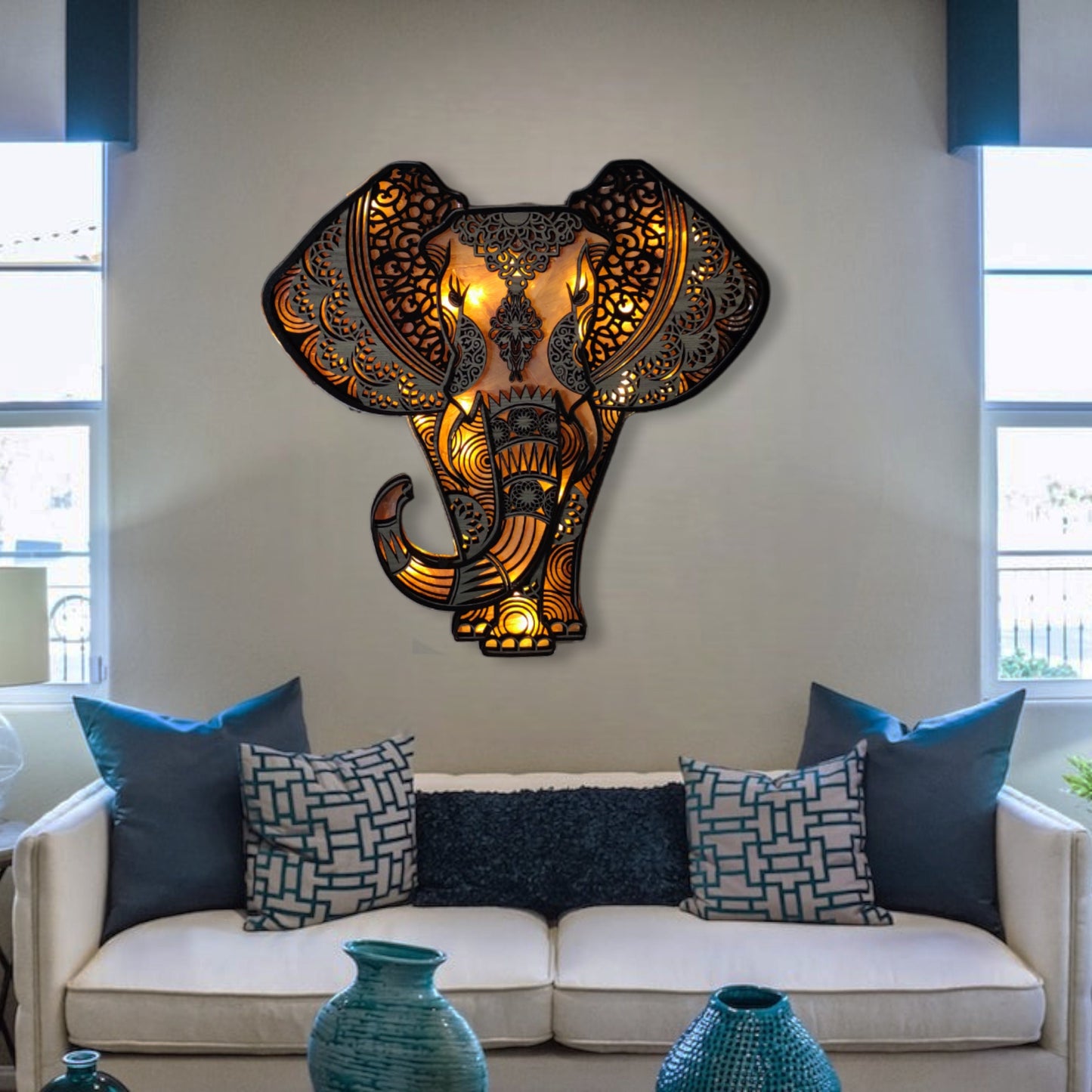 Elephant Mandala Led Wall Decor, Wooden Elephant Art with LED Lights, Housewarming Gift, Wooden Elephant Night Light